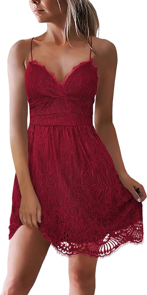 AOOKSMERY Women Summer V-Neck Spaghetti Straps Lace Backless Party Club Beach Mini Midi Dresses | Amazon (US)