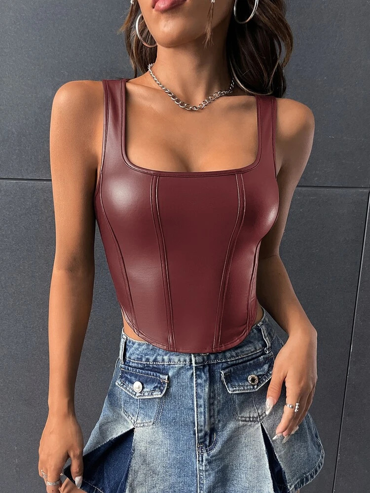 SHEIN BAE Top tank de cuello cuadrado bajo asimétrico PU | SHEIN