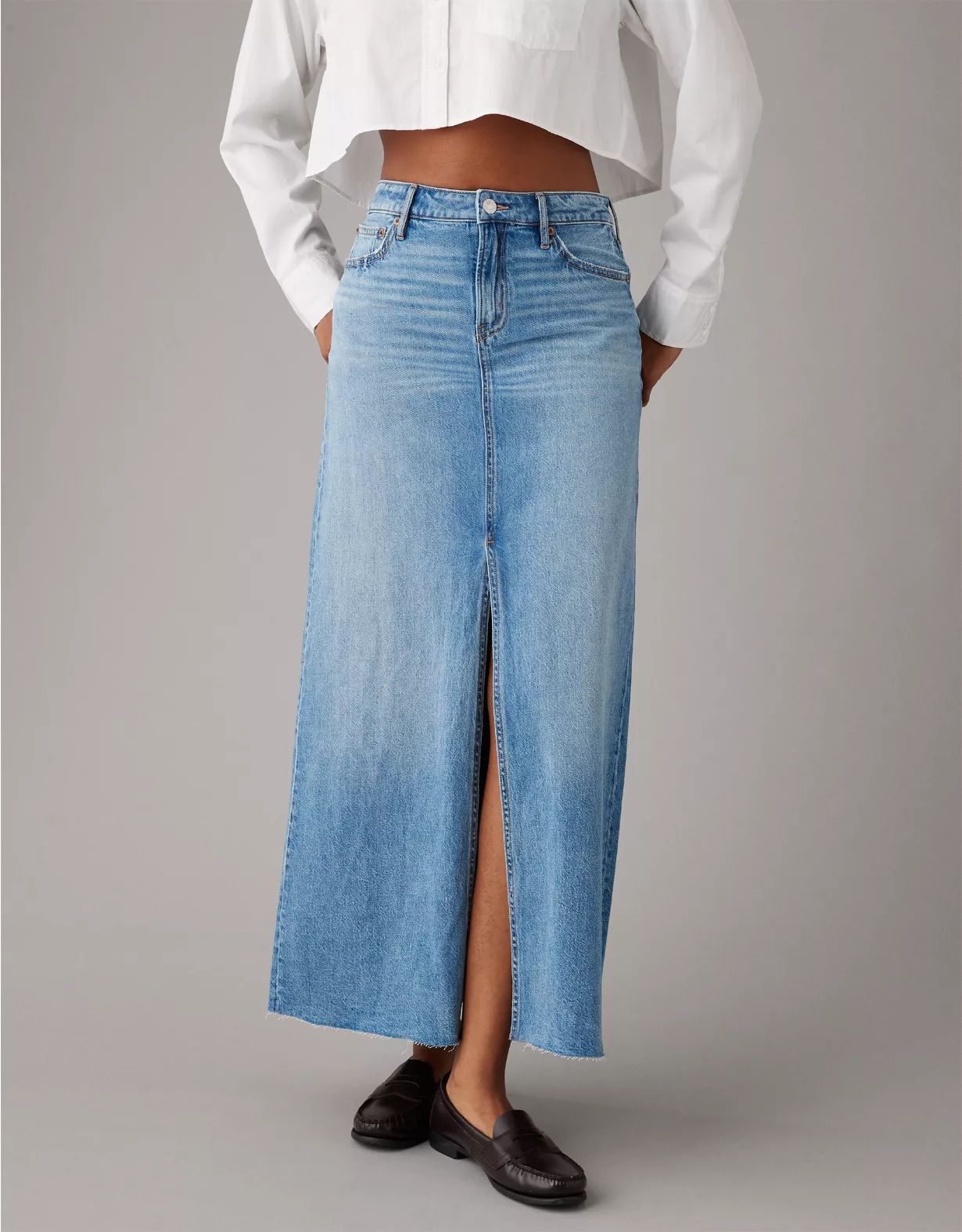 AE To The Floor Denim Maxi Skirt | American Eagle Outfitters (US & CA)