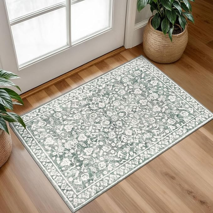 Vintage Washable Rug 2x3, Sage Green Grey Small Area Rugs for Entryway, Floral Super Soft Kitchen... | Amazon (US)
