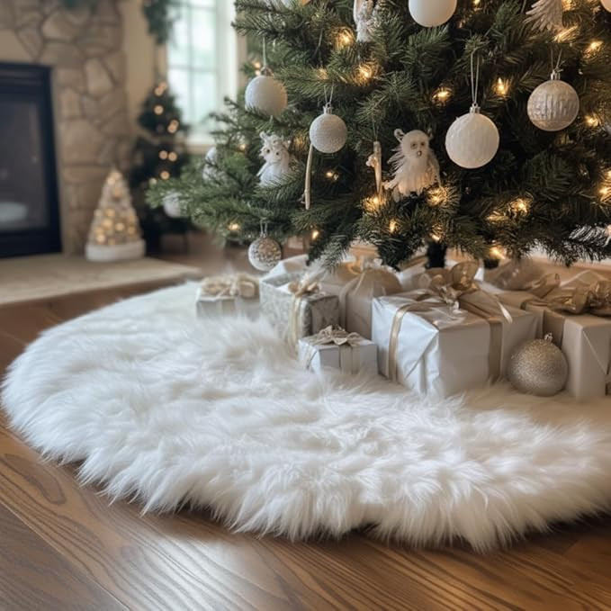 AISENO 48 Inch White Faux Fur Christmas Tree Skirt, Luxury Plush Tree Base Cover for Holiday Part... | Amazon (US)