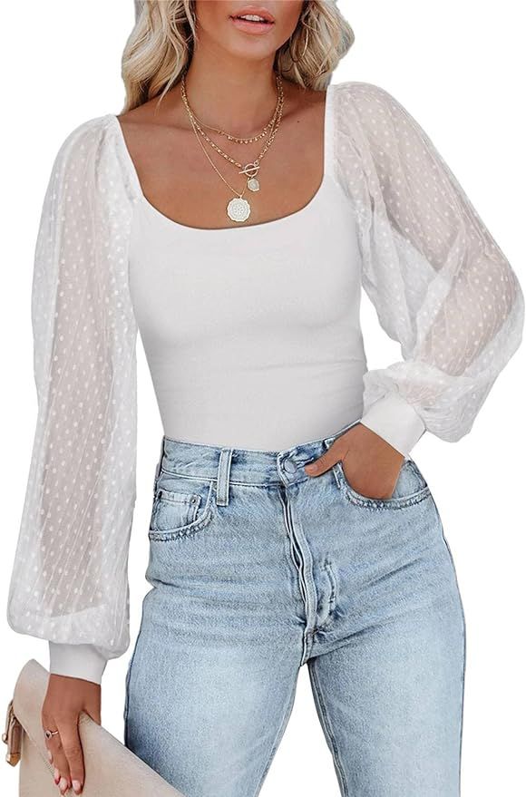 Amazon.com: PINKMSTYLE Women's Square Neck Long Sleeve Bodysuit Polka Dots Tops Sheer Basic Jumps... | Amazon (US)