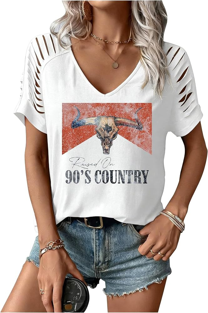 Womens Cut Out Cold Shoulder T Shirts Boho Floral Graphic Tshirts Nashville Country Lacerated Sle... | Amazon (US)