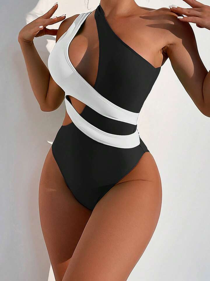 Colorblock Cut Out One Shoulder One Piece Swimsuit | SHEIN