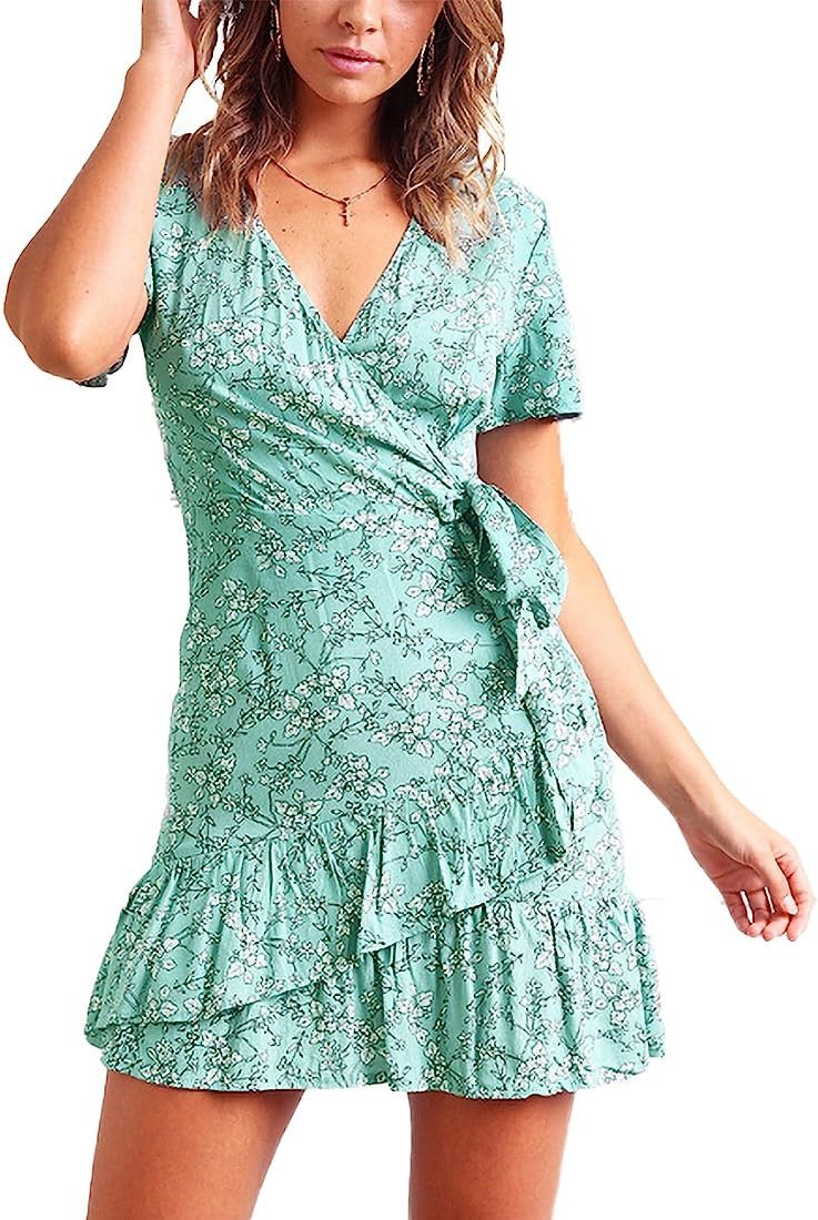 Relipop Summer Women Short Sleeve Print Dress V Neck Casual Short Dresses | Amazon (US)