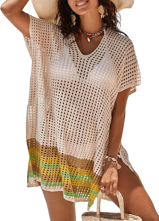 Dokotoo Women's Swimwear Beach Bikini Swimsuit Color Block Cover-ups Crochet Striped Side Split M... | Amazon (US)