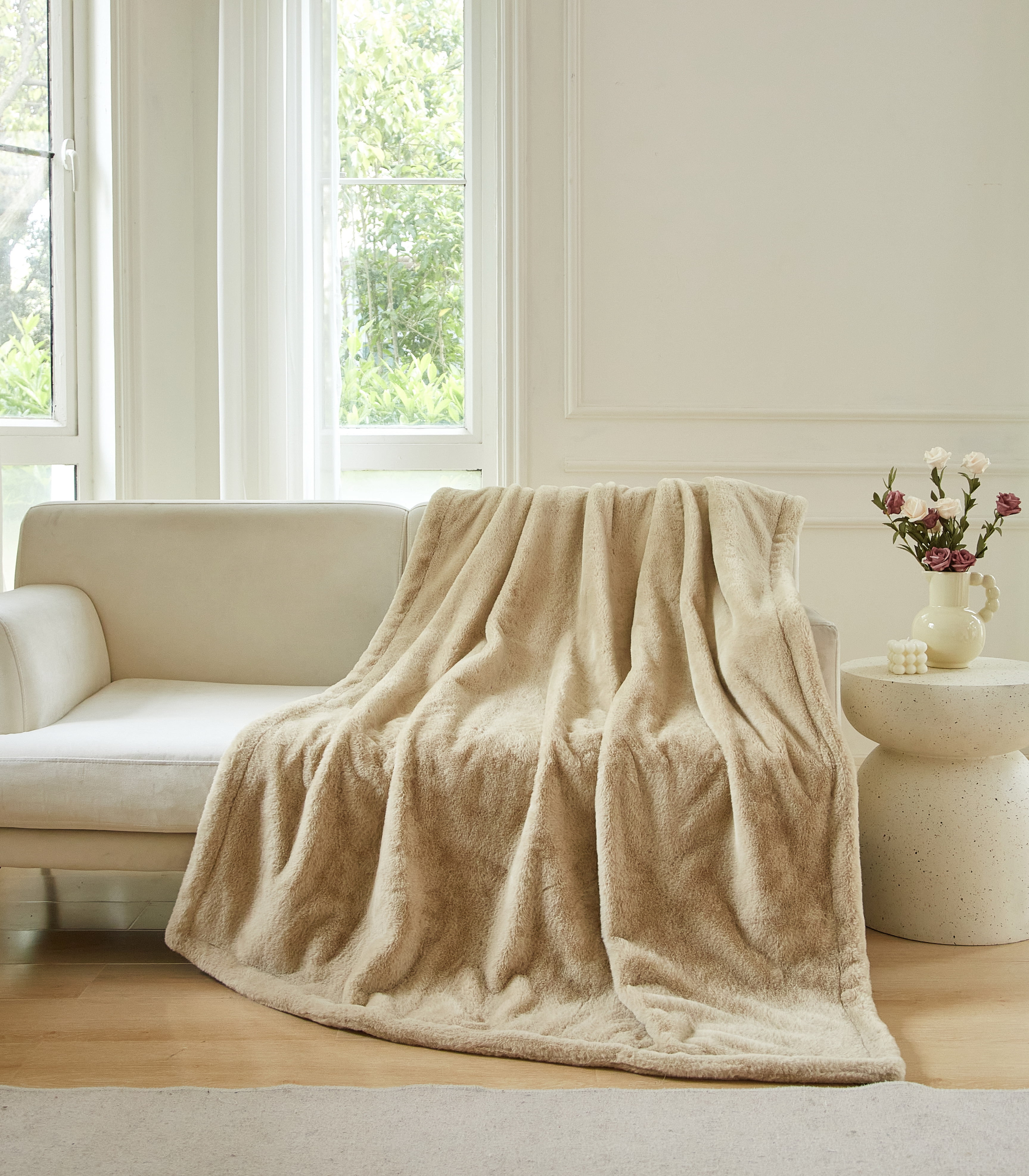 Better Homes & Gardens Cuddle Faux Fur Throw Blanket, Taupe, Oversize, All Ages | Walmart (US)