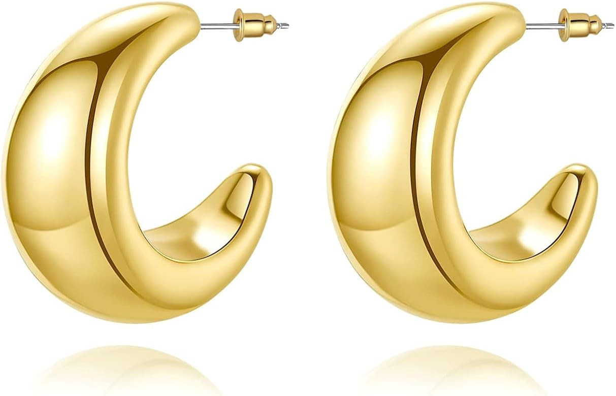 Wonlte Chunky Gold Hoop Earrings for Women, 14K Gold Plated Hoop Earrings Lightweight Stainless S... | Amazon (US)