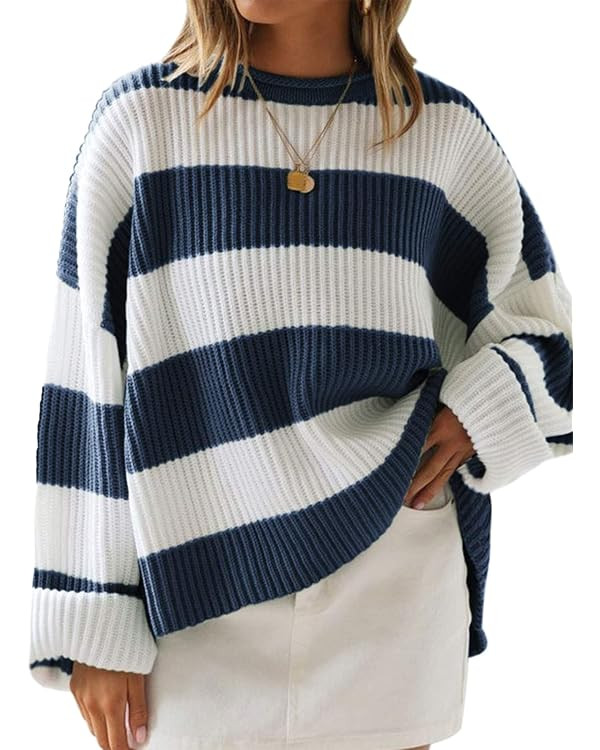 ZESICA Women's 2024 Fall Long Sleeve Crew Neck Striped Color Block Comfy Loose Oversized Knitted ... | Amazon (US)