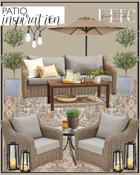 Patio Inspo. Follow @farmtotablecreations on Instagram for more inspiration.

Better Homes & Gardens Bellamy 2 Piece Outdoor Sofa Gray Cushions & Coffee Table Set with Patio Cover. Better Homes & Gardens Bellamy 2-Pack Outdoor Club Lounge Chairs Gray Cushions with Patio Cover. Better Homes & Gardens Multi-Color Rana Persian 7' x 10' Outdoor Rug. Better Homes & Gardens 14in Mosswood Resin Planter, Gray. 4.5' Olive Double Topiary Silk Tree. Set of 2 Black Metal Battery Operated 15" & 12" Tall LED Flameless Candle Lanterns Lights for Indoor Outdoor Use. Mainstays Round Glass Side Table, 20" D x 17.5”H, Dark Brown Finish. Outdoor Furniture. Patio Decor. Outdoor Decor. Mainstays 30-Count Warm White LED Edison Bulb Outdoor String Lights with Black Wire. Best Choice Products 10ft Outdoor Steel Market Patio Umbrella w/ Crank, Tilt Push Button, 6 Ribs - Tan. 

#LTKhome #LTKfindsunder50 #LTKsalealert