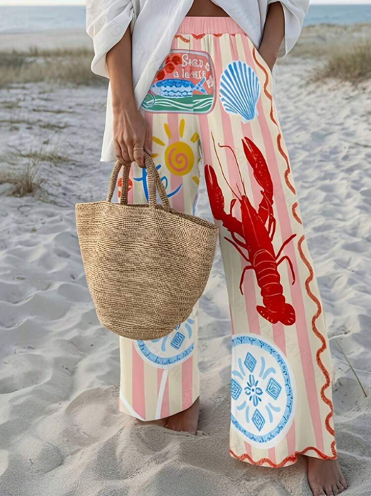 Summer Essential: Spring And Summer Women's Wide-Leg Pants With Lobster Shell Print + Pink And White Stripes, Lightweight, Breathable, And With A Loose Drape, Perfect For Beach Vacations And Casual Wear, Resort-Style Women's Clothing | SHEIN