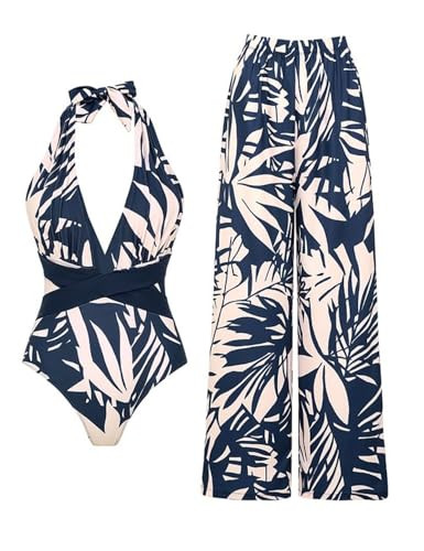 FLAXMAKER Women's One Piece V-Neck Adjustable Halter Leaf Print Bathing Suit Swimsuit and Skirt/P... | Amazon (US)