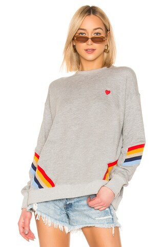 Heart Stripe Crew Neck Sweatshirt in Medium Heather Grey | Revolve Clothing (Global)