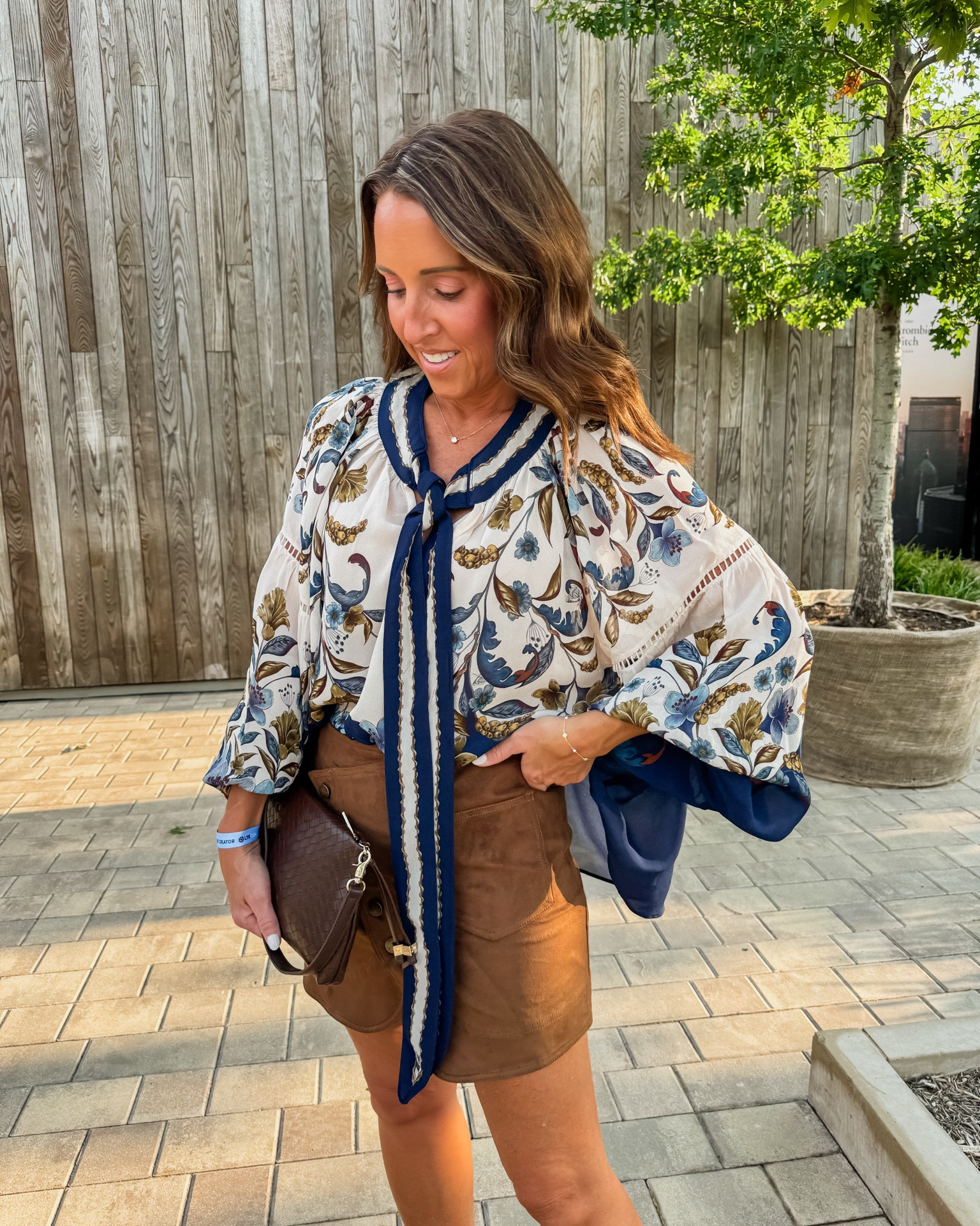 Suede mini skirt. Flowy blouse. 
Skirt XS. Blouse XS.￼￼

#LTKootd #LTKSeasonal #LTKOver40