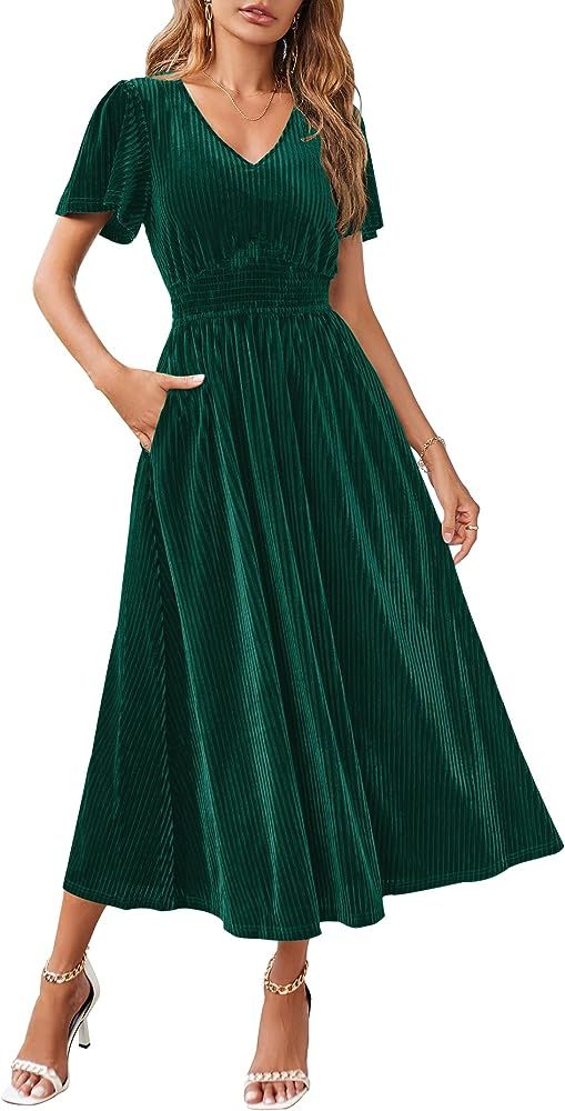 MEROKEETY Women's 2023 Short Sleeve V Neck Velvet Maxi Dress Long Flowy Wedding Guest Party Dress... | Amazon (US)