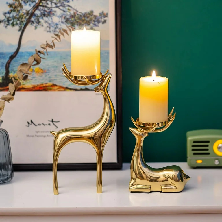 Sziqiqi Gold Reindeer Candle Holders Set of 2: Brass Standing Lying Deer Statue for Pillar Candle... | Walmart (US)