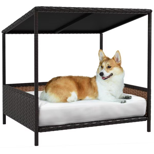 PawHut Wicker Rattan Indoor & Outdoor Covered Raised Medium Dog Sofa Bed, Brown/White, 33.5-in | Chewy.com