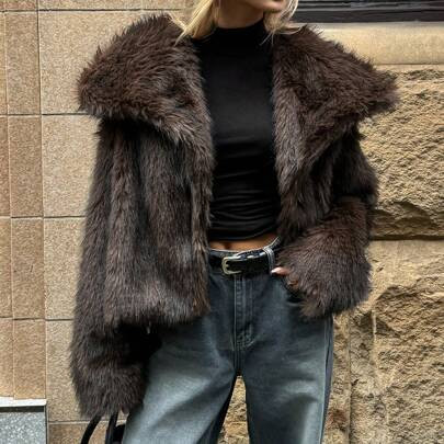 Women's Winter Coat, Elegant Commuter Warm And Cold-Proof Coat, Brown Fur Coat Chocolate Color Party Fur Oversized Fluffy Collar Long Sleeve Dual-To | SHEIN