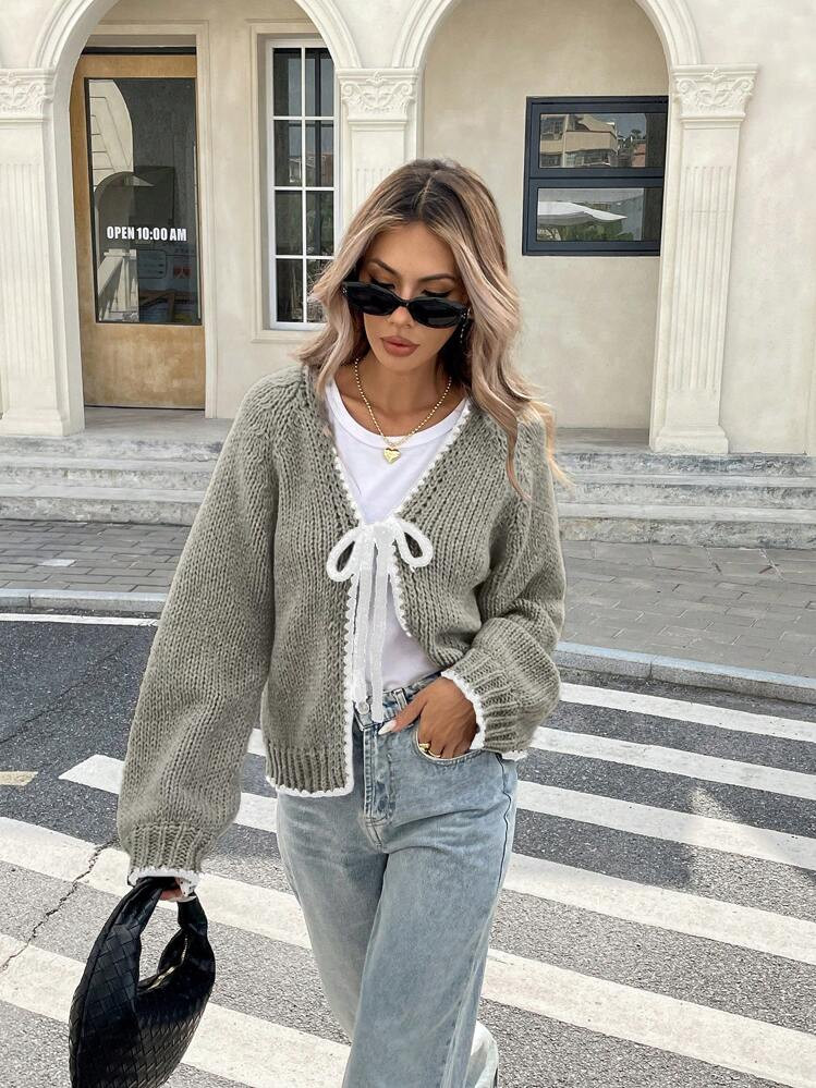 Serisse Women Contrast Color Trim Knot V-Neck Long Sleeve Cardigan Sweater,Knitted Sweater In Fal... | SHEIN