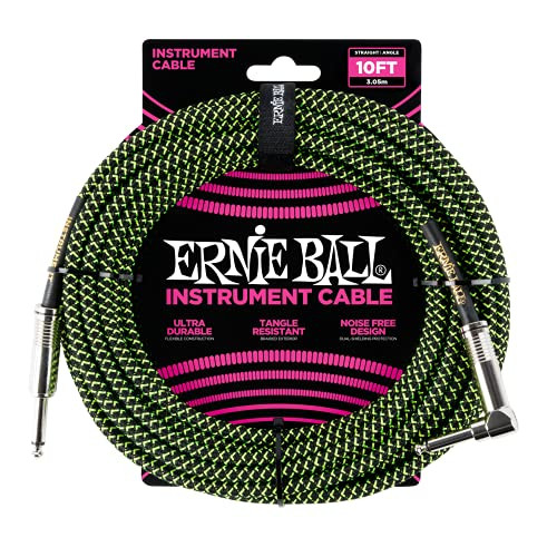 Ernie Ball Braided Instrument Cable, Straight/Angle, 10ft, Neon Green/Black (P06077) | Amazon (US)