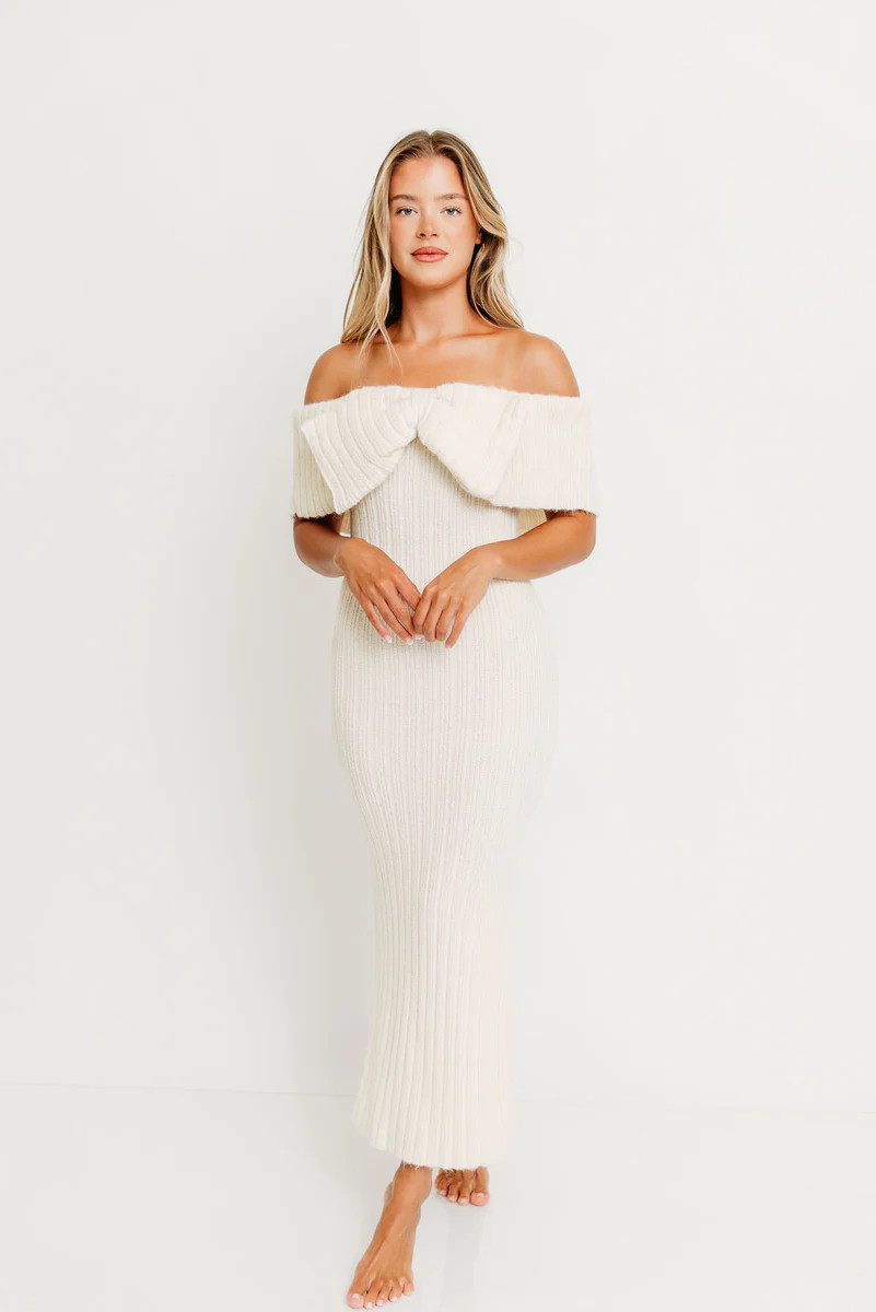 Aston Bow Front Maxi Sweater Dress in Ivory– Bump Friendly & Inclusive | Worth Collective