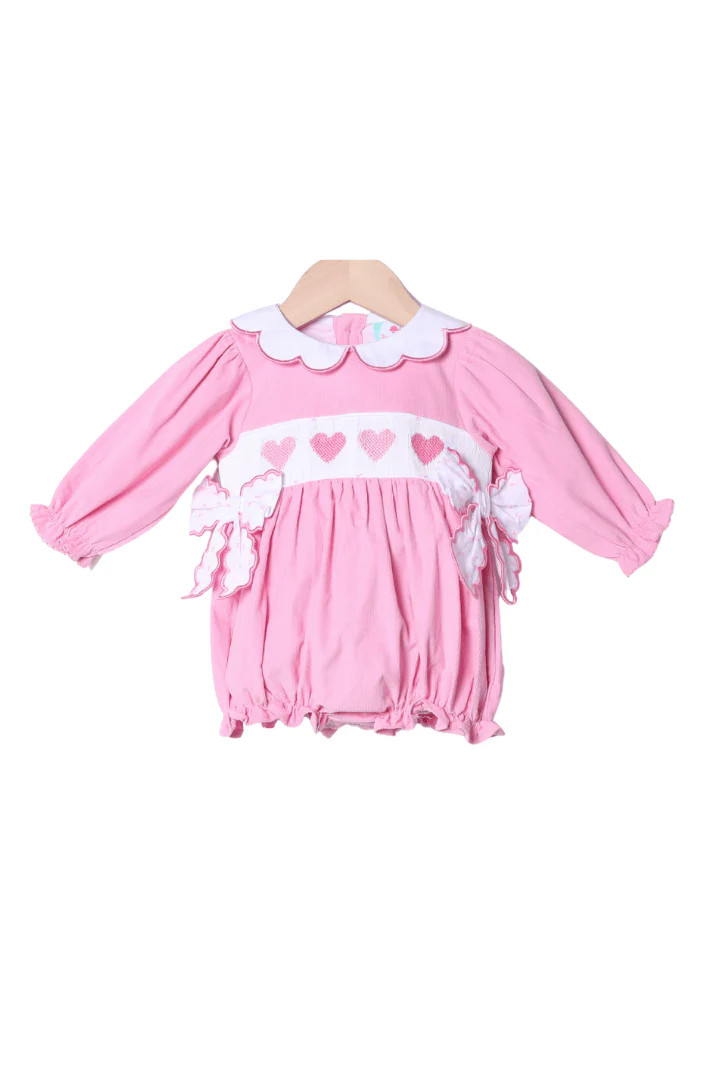 Smocked Heart Pink Corduroy Bow Bubble | The Smocked Flamingo