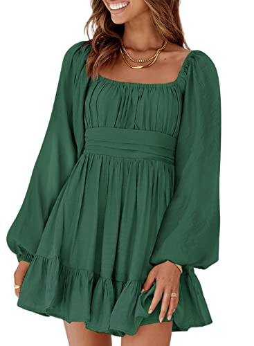 Dokotoo Women's Long Lantern Sleeve Tie Back Square Neck Sexy Dress Ruffled Off Shoulder A-Line Midi Dress Casual Mini Dress for Women, Dark Green | Amazon (US)