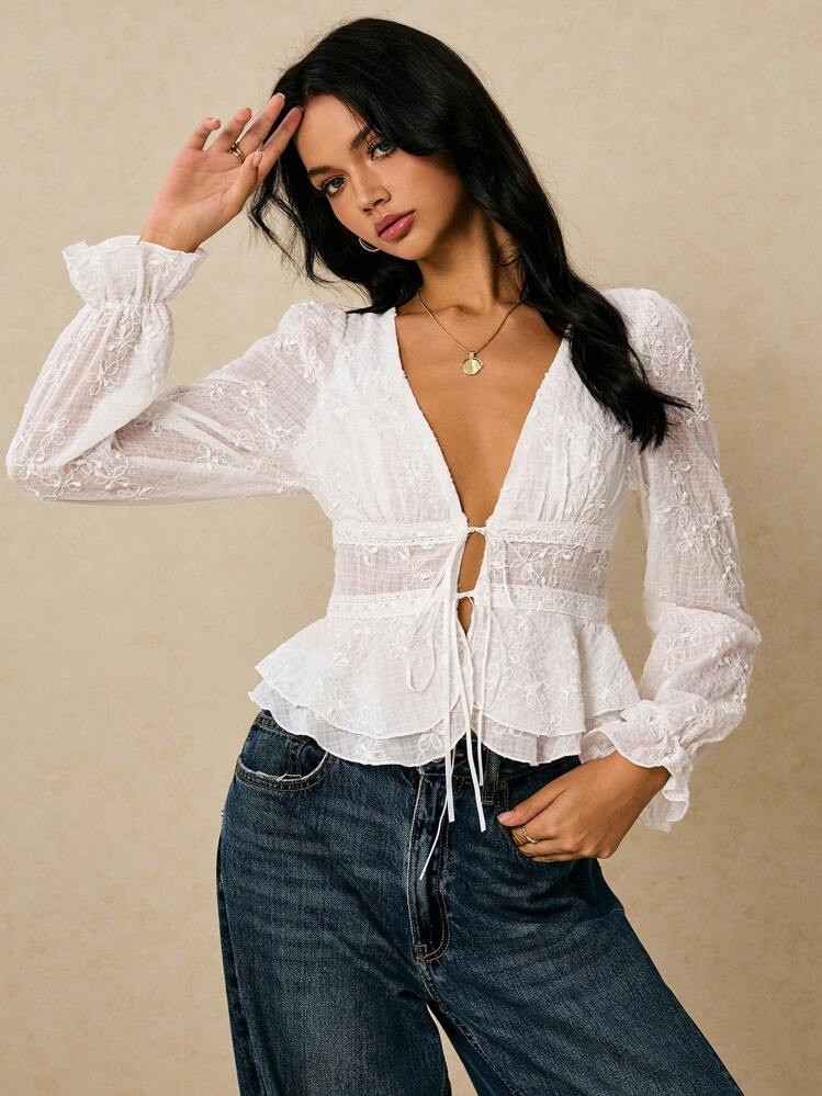 Poéselle White Long-Sleeved Top, Embroidered Fabric, Autumn And Winter Shirt, Exquisite And Eleg... | SHEIN