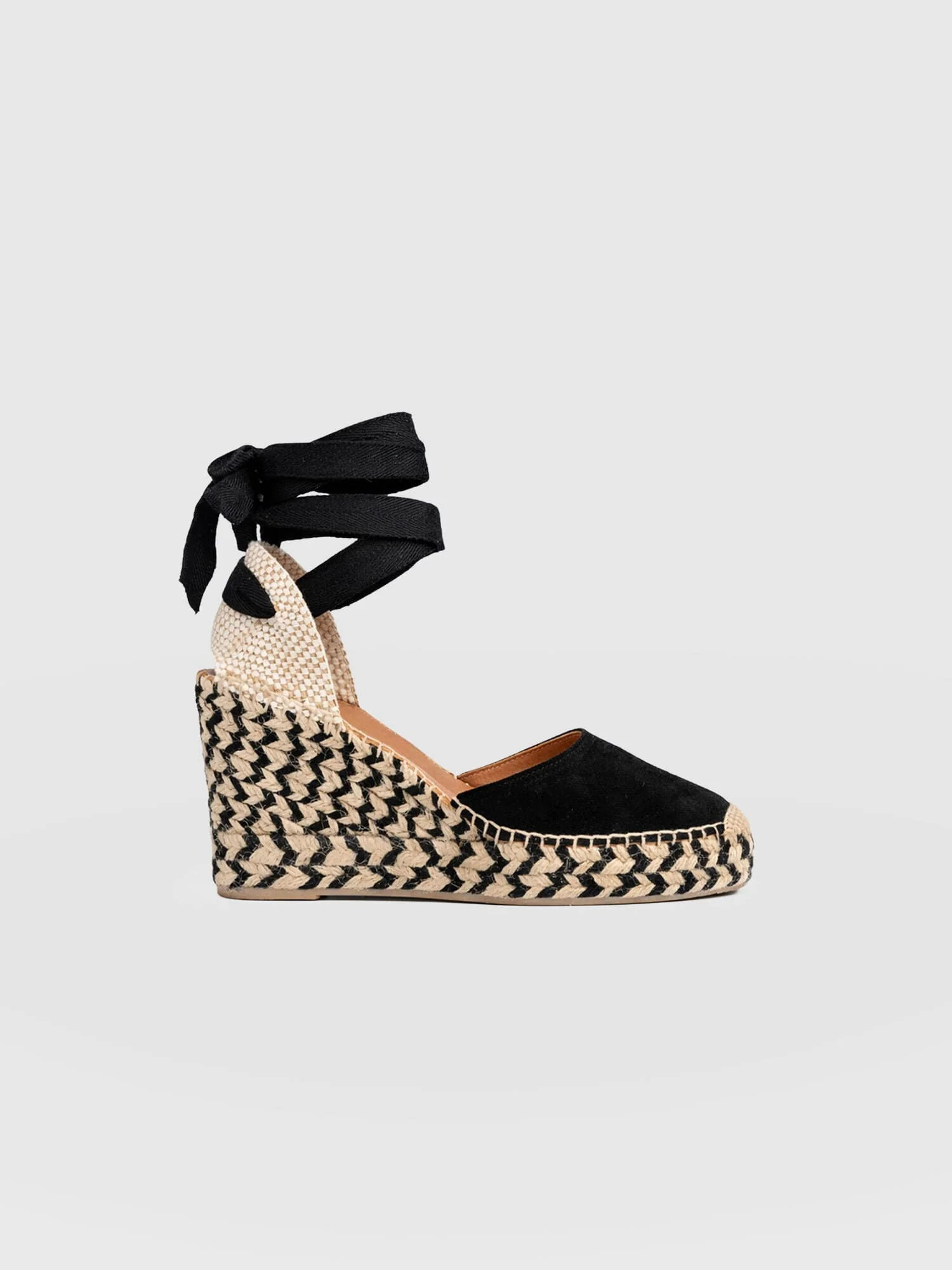 Rowe Espadrille Tie Wedges - Black Suede | Saint + Sofia UK