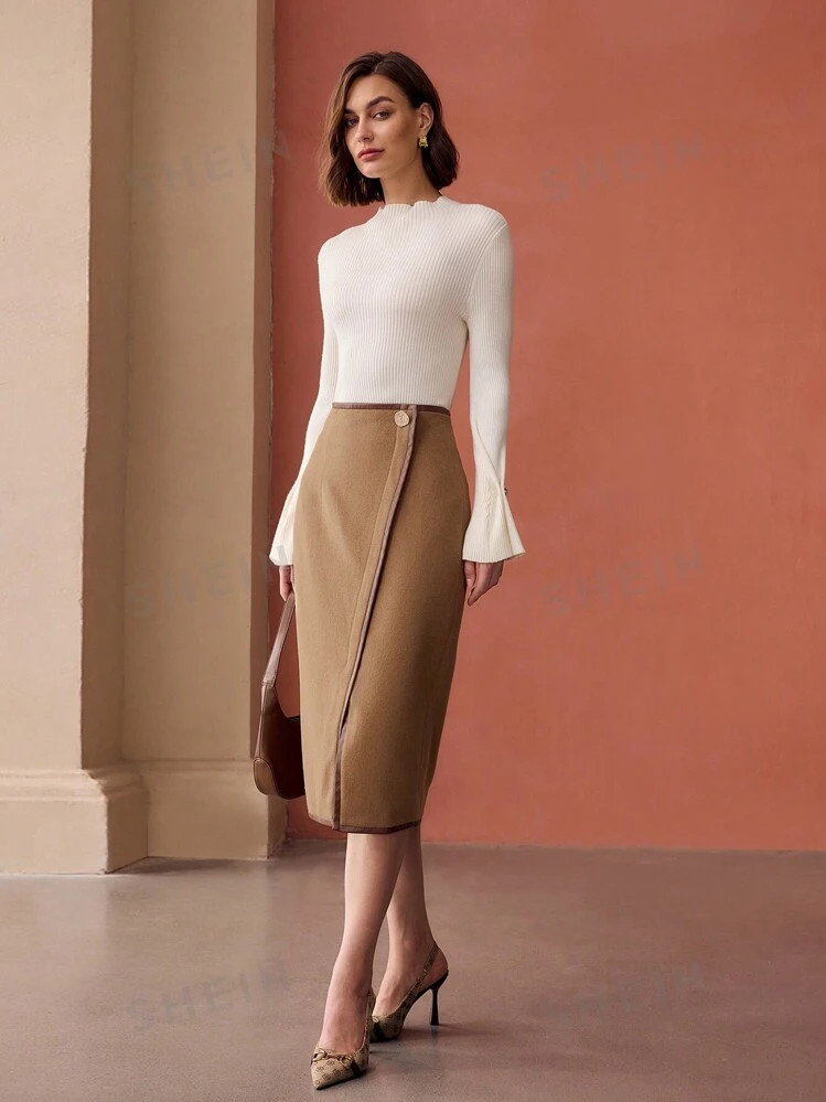 MOTF PREMIUM CONTRAST BINDING WRAP STRAIGHT SKIRT | SHEIN | SHEIN