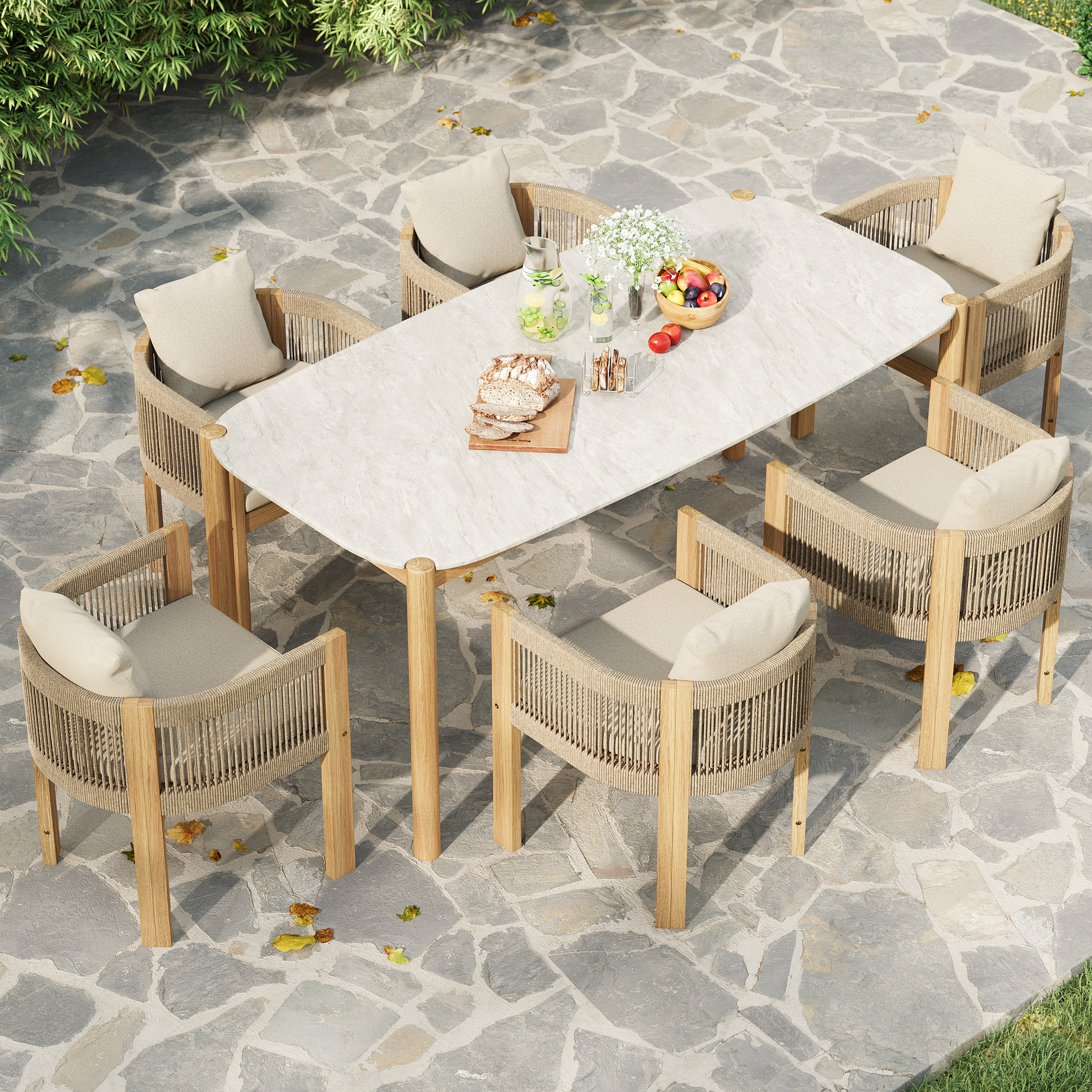 7 PCS Outdoor Round Cement & Teak Dining Table and Woven Rope Dining Chair Set Boho for 6 Person Cushion & Pillow Included | Homary