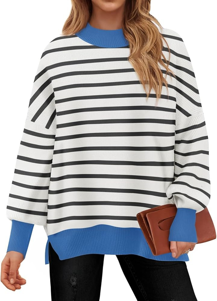 ZESICA Women's Striped Sweaters 2024 Casual Long Sleeve Mock Neck Contrast Color Comfy Loose Knit... | Amazon (US)