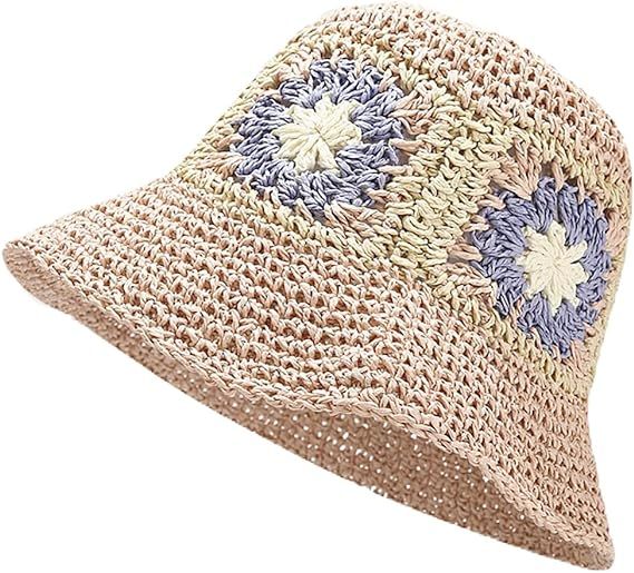 Women's Handmade Straw Bucket Sun Hat Summer Hollow Niche Flower Sunshade Hat Outdoor Sun Hats | Amazon (US)