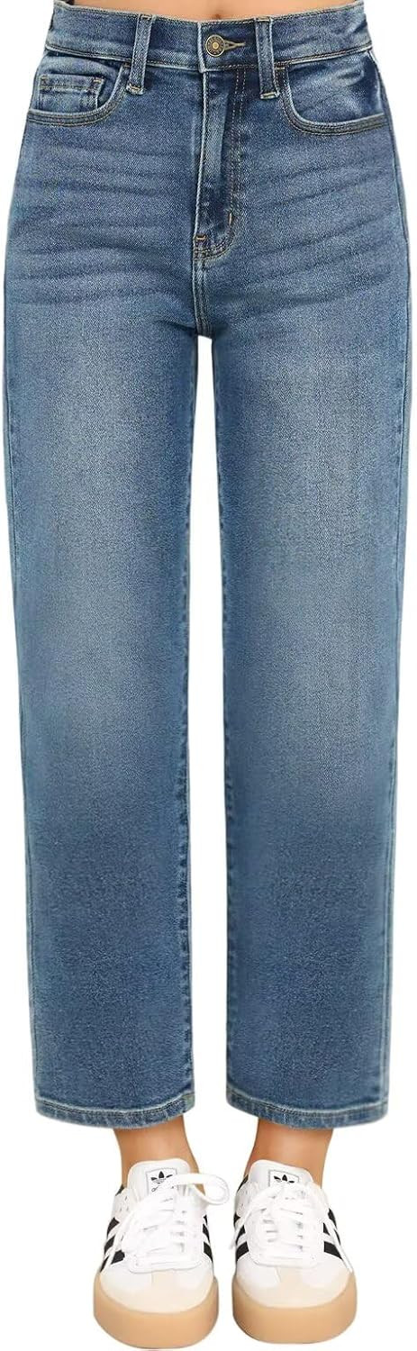 KDF Women's Cropped Straight Leg Jeans - High Waisted Jeans for Women 7/8 Length Denim Pants with Crop Hem | Amazon (US)