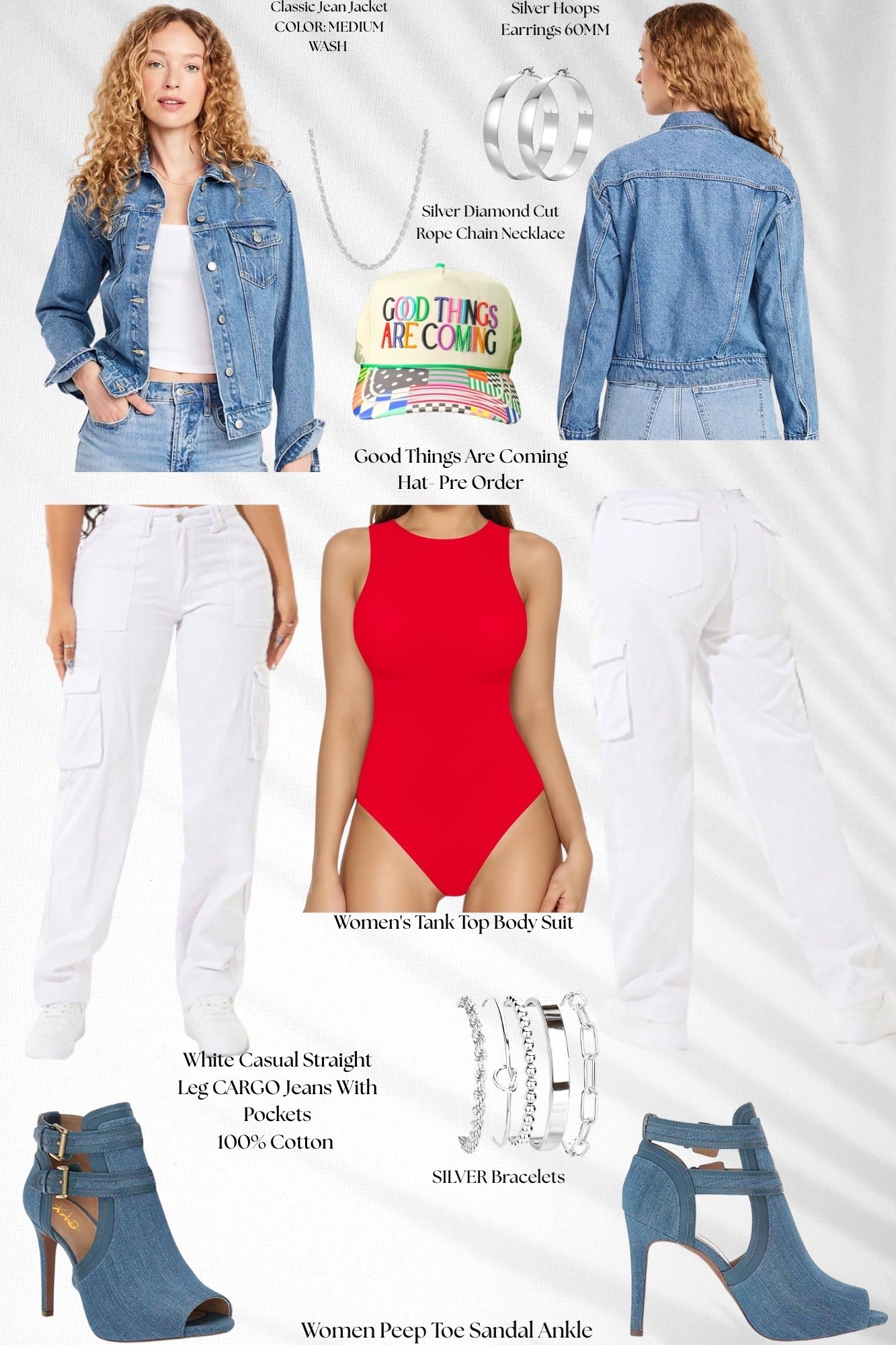Red Bodysuit + White Cargo Look
Sporty, bold, and feminine ❤️🤍
This bright red bodysuit paired with white cargo pants and denim heels gives effortless summer energy. The denim jacket adds layering while the silver jewelry keeps the look fresh and modern.

#LTKootd #LTKgrwm #LTKSaleAlert
