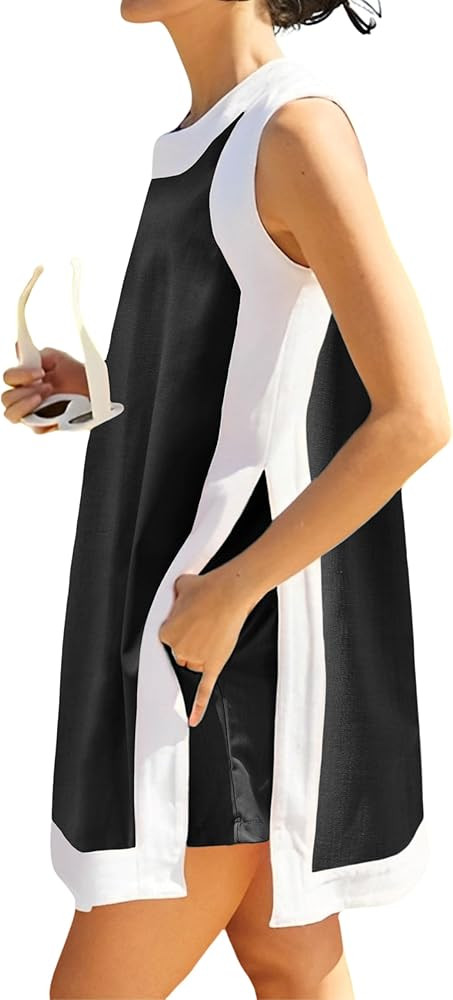 Hooever Women's 2 Piece Sets Casual Color Block Crewneck Sleeveless Pullover Tops Matching Shorts... | Amazon (US)