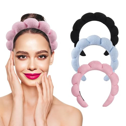 YANGYICHEN Spa Headband Makeup Headband for Washing Face or Facial 3-pack, Sponge Terry Cloth Headbands, Face Wash Headband, Puffy Skincare Headbands for Women and Girls, Black, Pink, Blue. | Amazon (US)