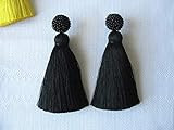 Thick Silk Black Tassel Earrings On Studs, Handmade Silk Black Beaded Thick Tassel Earrings, Massive | Amazon (US)