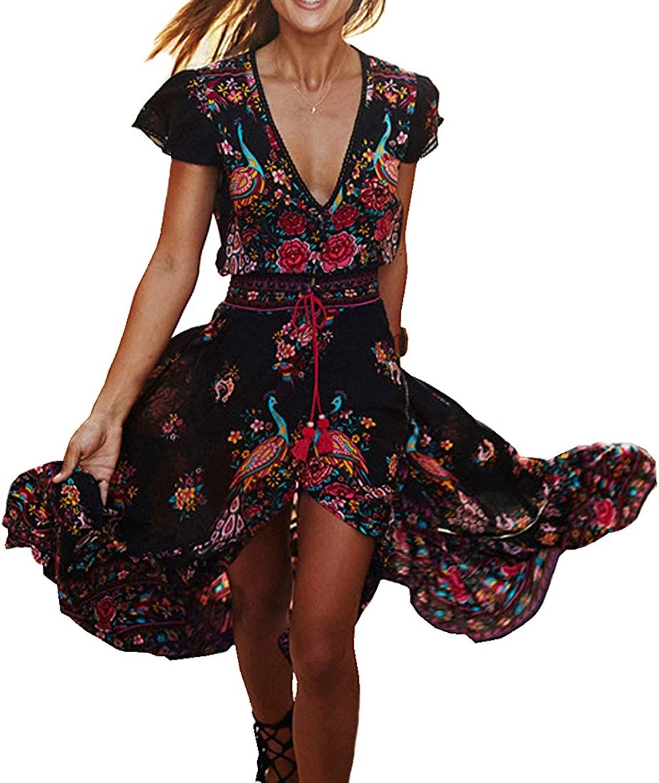 R.Vivimos Women's Summer Vintage Floral Print Deep V Neck High Low Long Dresses | Amazon (US)