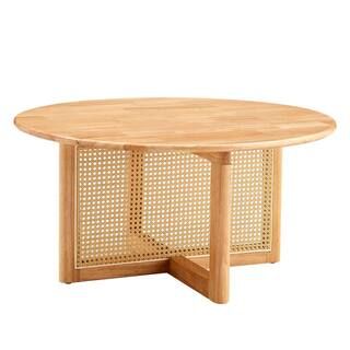 Sudzendf 33.46 in. Round Coffee Table with Solid Wood Tabletop, Modern Coffee Table with Faux Rat... | The Home Depot