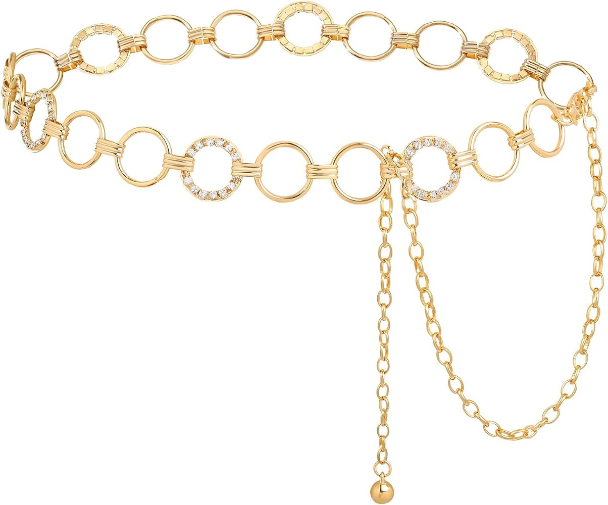 AWAYTR Waist Chains Belts for Women - Rhinestone Gold Silver Chain Belts for Dresses | Amazon (US)
