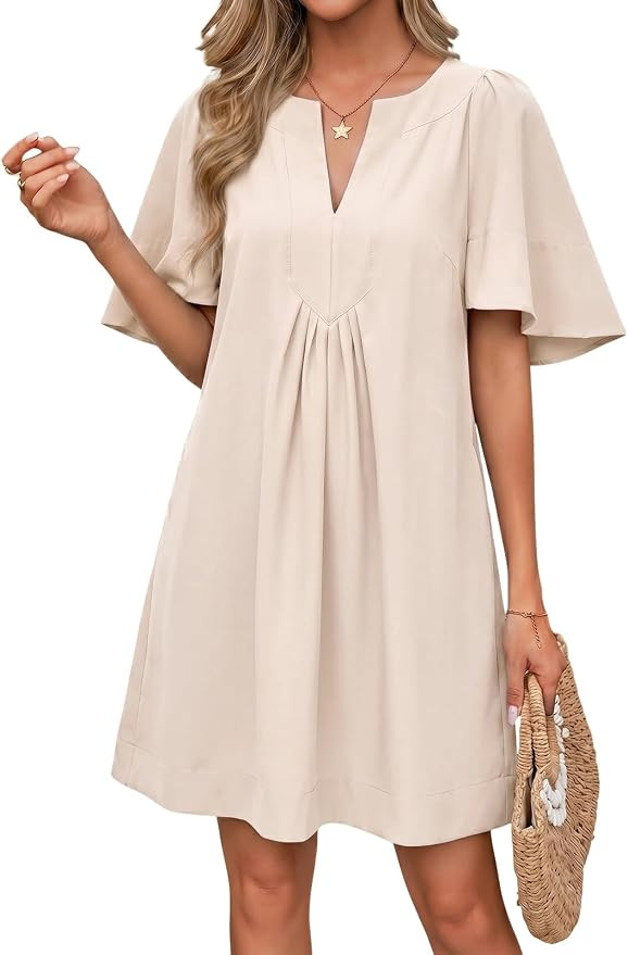Wenrine Womens Shift Mini Dress Casual Short Sleeve Summer Dresses | Flutter Sleeve, V Neck, Loos... | Amazon (US)