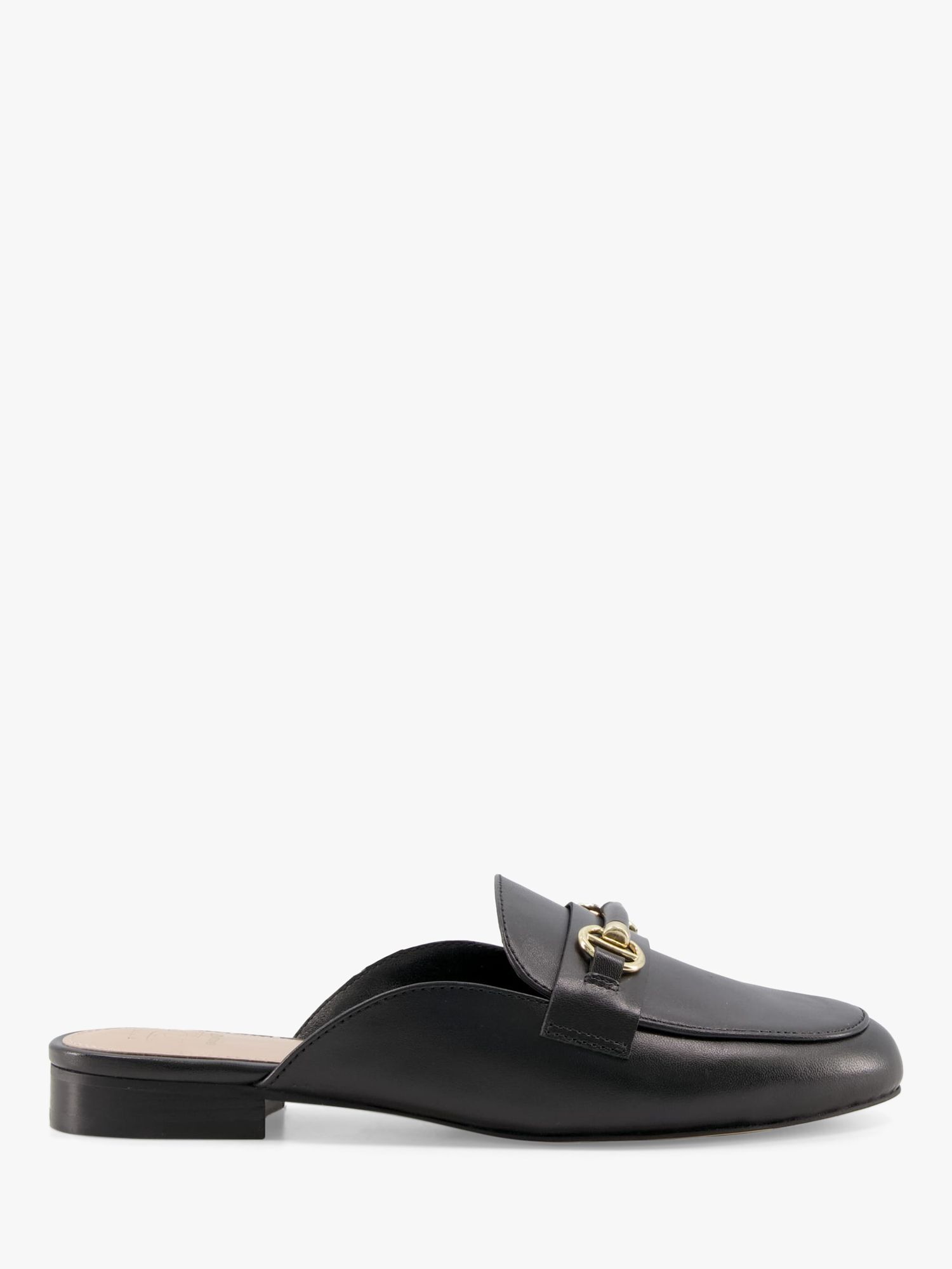 Dune Wide Fit Glowin Leather Snaffle Trim Backless Loafers, Black | John Lewis (UK)