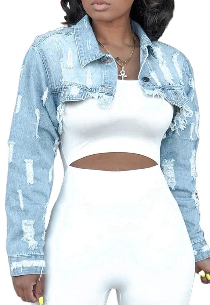 YouSexy Cropped Denim Jackets for Women Long Sleeve Destroyed Wash Jean Jackets | Amazon (US)