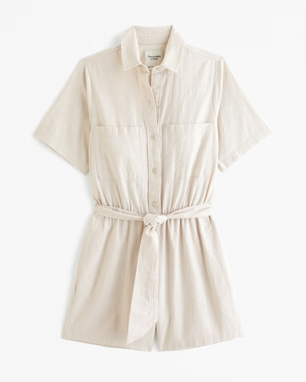 Women's Short-Sleeve Linen-Blend Romper | Women's Dresses & Jumpsuits | Abercrombie.com | Abercrombie & Fitch (US)