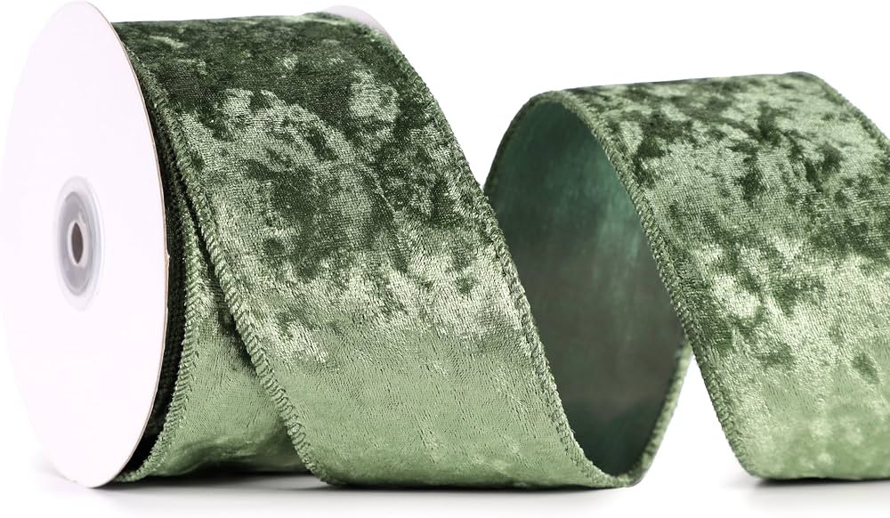 MAYREEL Crushed Sage Green Velvet Ribbon Wired 2.5" x 10 Yards Green Wired Christmas Velvet Ribbo... | Amazon (US)