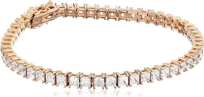 Platinum or Gold Plated Sterling Silver Princess-Cut Tennis Bracelet made with Swarovski Zirconia... | Amazon (US)