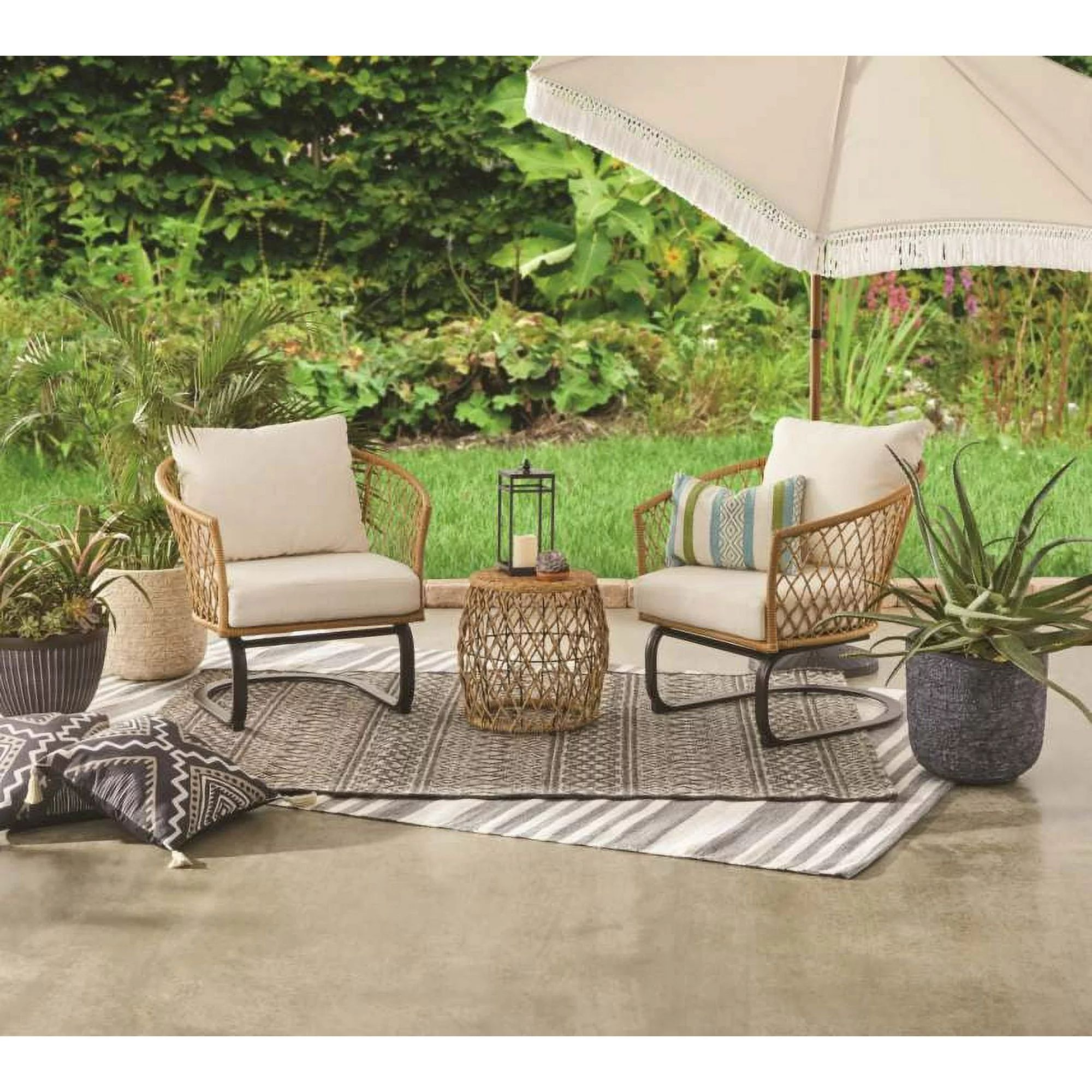 Better Homes & Gardens Ventura 3-Piece Outdoor Boho Wicker Chat Set, White | Walmart (US)