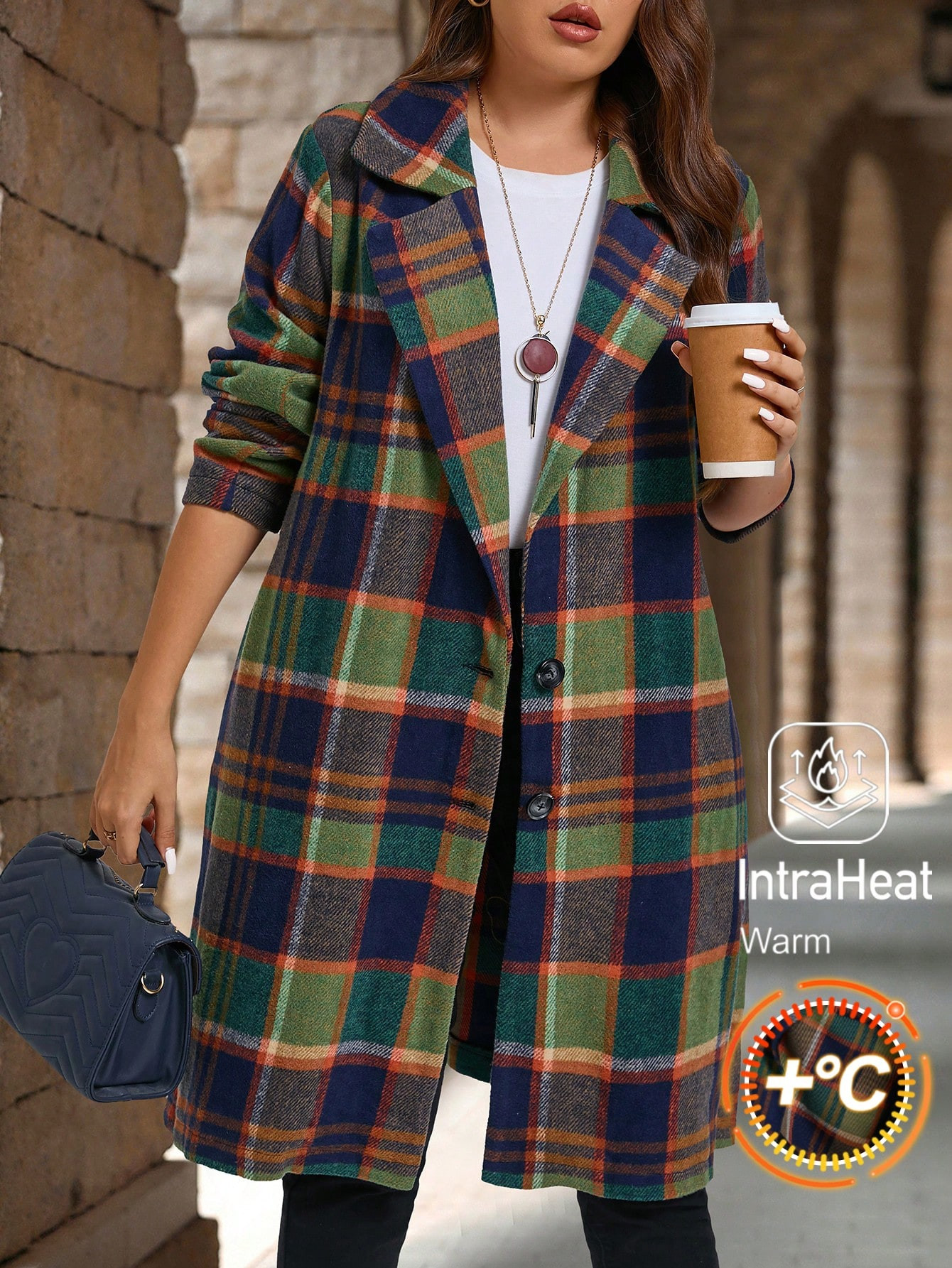 EMERY ROSE Plus Size Casual Retro Plaid Notched Collar Single Breasted Woolen Winter Women Coat | SHEIN