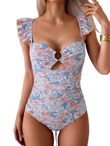 Eomenie Women's One Piece Swimsuit Tummy Control Bathing Suit Ruffle Cutout Slimming Swimwear Orange Floral | Amazon (US)